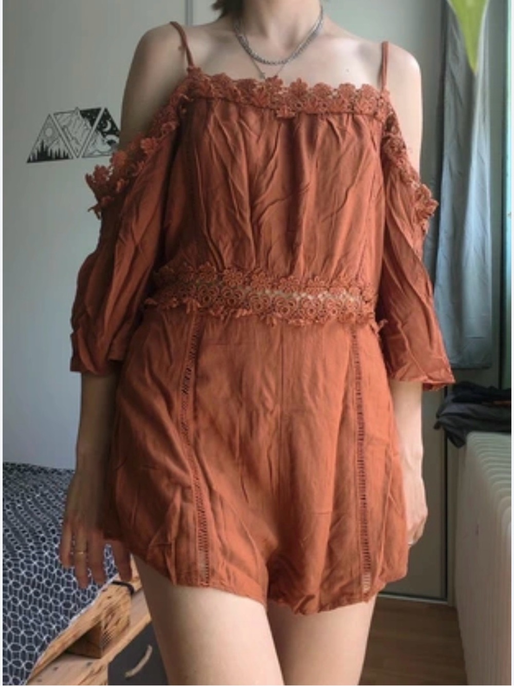 Rust Crochet Trim Off-Shoulder Romper size small